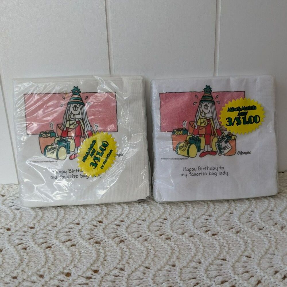 NOS Cathy Cartoon Birthday Napkins - My favorite bag lady - Sealed 1989